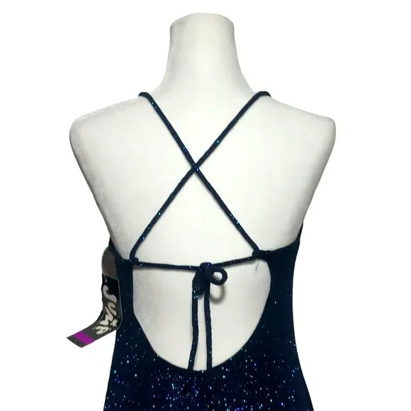 Vintage Glitter Dress Size 9 10 Navy Blue Long Length Open Back Ties High Vents - Picture 5 of 10